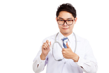 Asian male doctor thumbs up with  thermometer