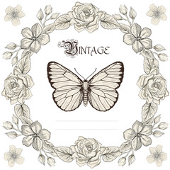 floral frame and butterfly engraving style - 72675084