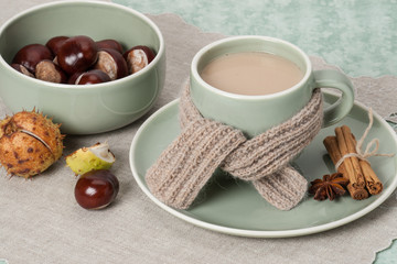 Autumn Concept. Cup Of Hot Coffee, Cocoa or Tea With Milk And Sp