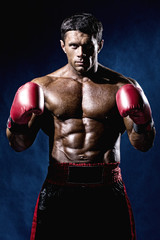 Fototapeta na wymiar Portrait of boxer posing in studio in gloves