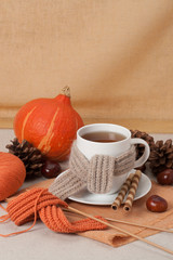 Autumn Concept. Cup Of Hot Tea With Sweets. Yarn Knitting. Pumpk