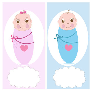 Swaddle baby, boy, girl vector greeting card
