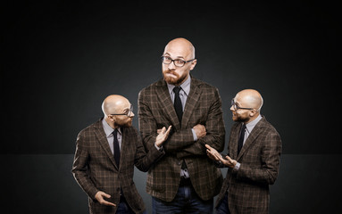 three identical men argue among themselves about