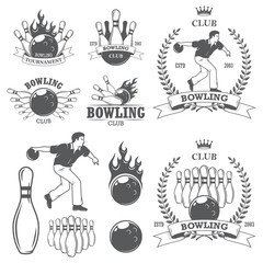 Set of black and white isolated bowling emblems, labels, badges