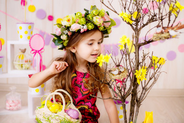 Naklejka na ściany i meble Easter concept. Beautiful girl in the room with decorations