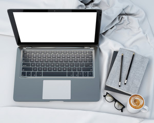 laptop on the bed, template, mock up background