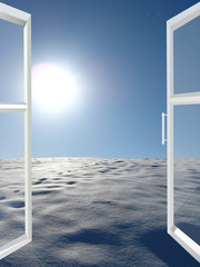 opened window to winter solar landscape