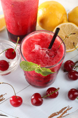 Fresh cold cherry cocktail with mint and lemon