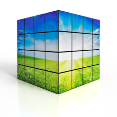Cube with nature landscape on white background