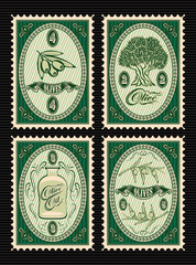 set of vector postage stamps with olives, olive tree, oil