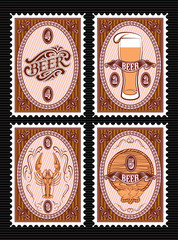 Obraz premium set of vector postage stamps with glass of beer, keg, lobster