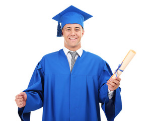Man graduate student wearing graduation hat and gown, isolated