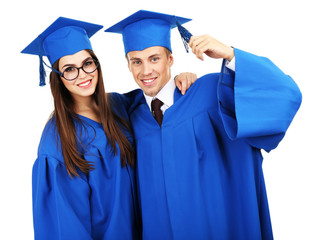 Graduate students wearing graduation hat and gown, isolated