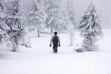 man trekking in foggy winter landscape