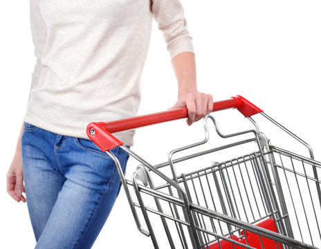 Woman with trolley isolated on white