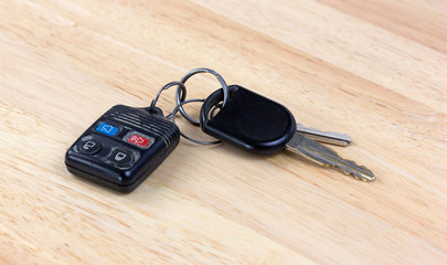 Car keys on wood countertop