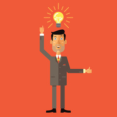 Happy businessman with thumbs up get the idea. Flat vector
