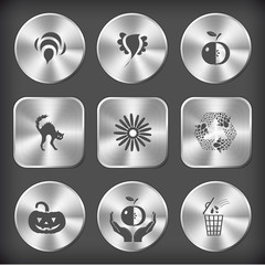 bee, bird, apple, cat, camomile, recycle symbol, pumpkin, apple
