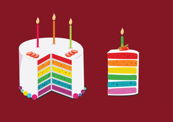 rainbow cake decorated with birthday candles. illustration