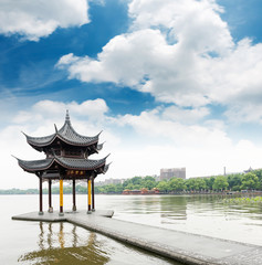 ancient pavilion on the west lake in hangzhou,China