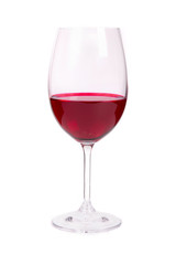 one glass of red wine on a white background