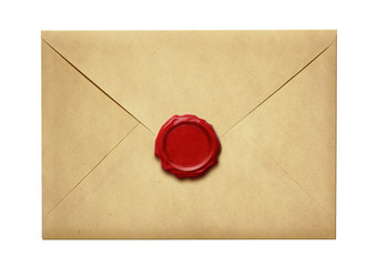 Old mail envelope with wax seal isolated
