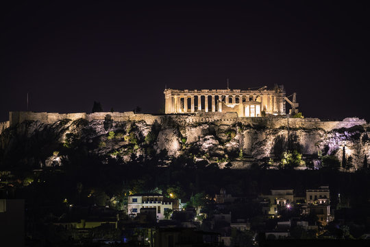 Parthenon Acropolis Hill in Athens, Greece by night