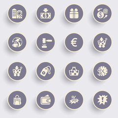 Commerce icons with white buttons on gray background.