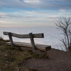 wooden bench above inversion fog in black forest, Germany