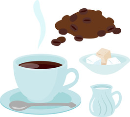 カップに入ったコーヒーとミルクと砂糖