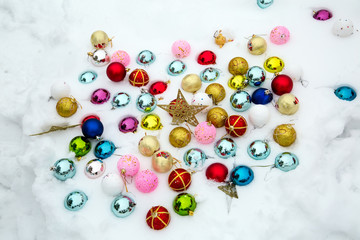 Christmas decorations on snow