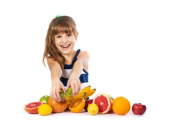 Fototapeta na wymiar girl with fruit on white background