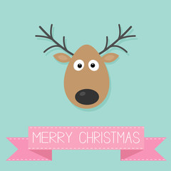 Cute cartoon deer horn Merry christmas card Pink ribbon Flat 