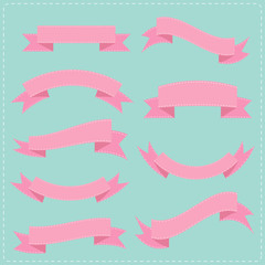 Pink vintage ribbon set different shape Blue background Flat 