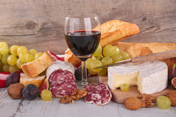 cheese, wine ,salami and bread