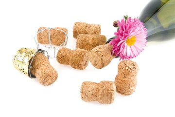 corks, bottle of wine and flower