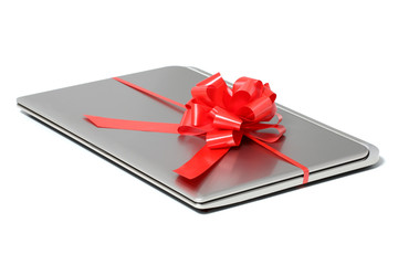 Laptop gift with a red ribbon