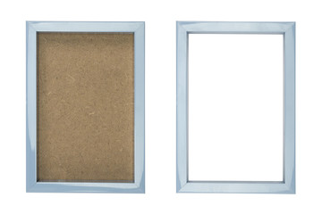 blue plastic picture frame with and without fiberboard backgroun