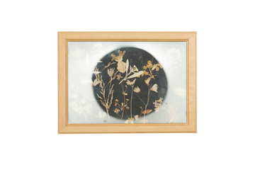 picture frame with old dried flowers, isolated on white