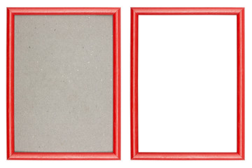 red plastic picture frame with and without gray cardboard backgr