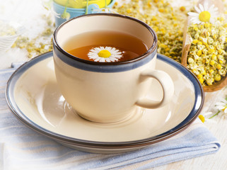 Tea cup  with chamomile flowers.
