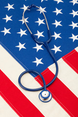 Medical stethoscope over US flag - studio shoot
