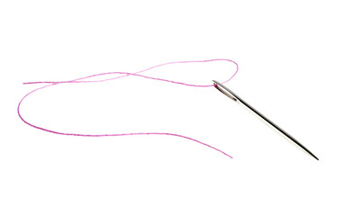 Needle for sewing and pink thread, isolated on a white backgroun