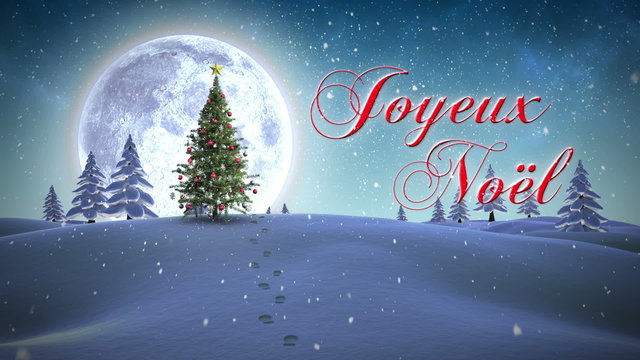 Joyeux noel message appearing in snowy landscape