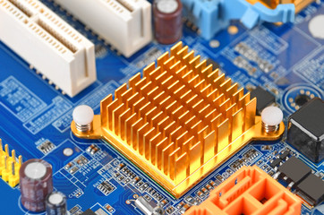 Printed computer motherboard with microcircuit, close up, DOF