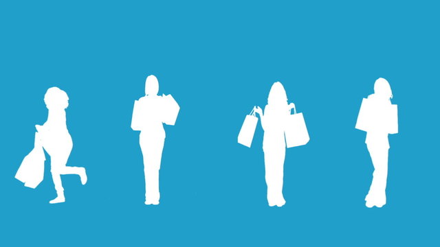 Silhouettes of women with her shopping on blue background