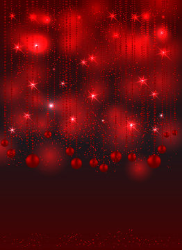 Red christmas background with christmas balls, stars and shines