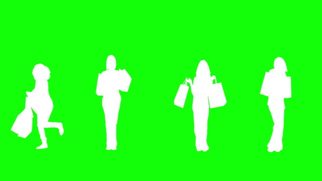 Silhouettes of women with her shopping on green background