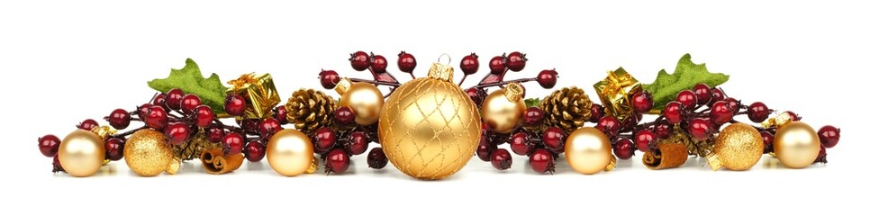 Christmas border of gold ornaments and berry branches