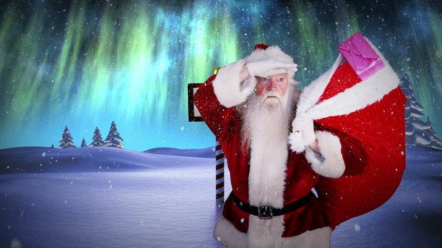 Santa delivering presents at the north pole